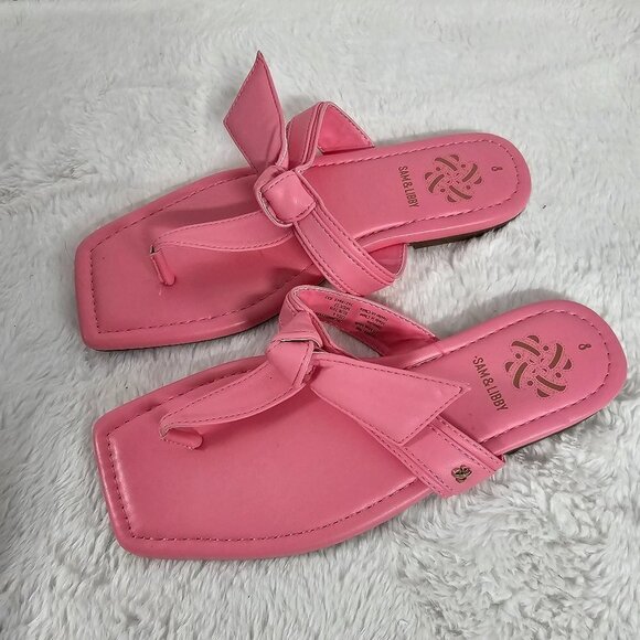 Sam & Libby Pink Faux Leather Square Toe Flat Slide On Thong Sandal Size 8 - Picture 1 of 14